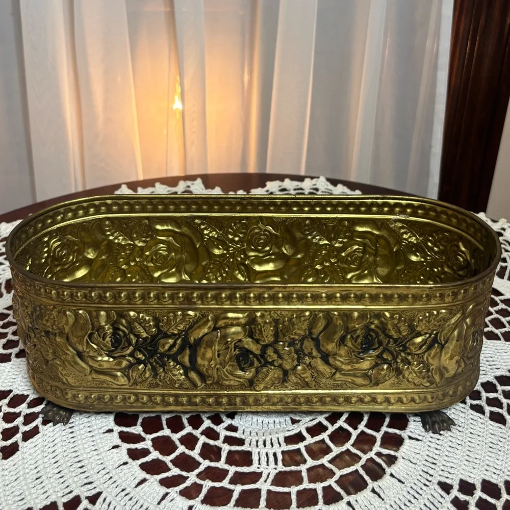 Vintage Brass Footed Planter Ornate Oval Embossed Floral Rose Victorian Luxury